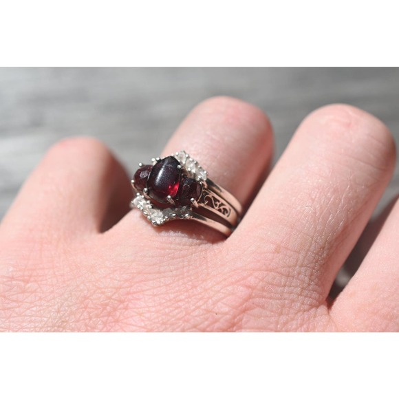 Raw Garnet and Diamond Engagement Ring set, Rough Diamond Wedding Band